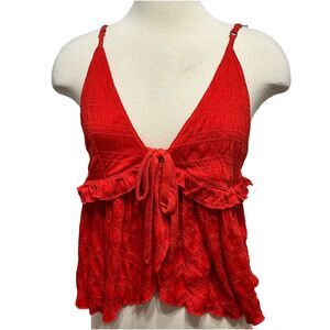 Free People Red Ruffle Tie Front Babydoll Cami
